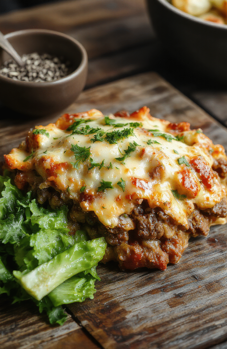 A colorful Hobo Casserole served in a rustic ceramic dish, featuring seasoned ground beef, cheddar cheese, green beans, and sliced potatoes, all bubbling and topped with fresh herbs, styled casually on a wooden table