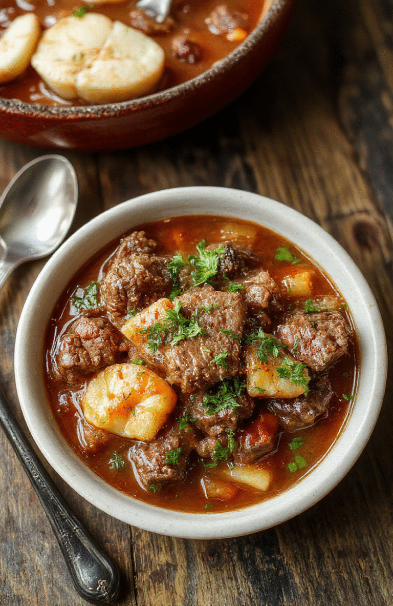 A vibrant bowl of homemade beef stew with tender beef chunks, carrots, potatoes, and celery in a rich, savory broth on a rustic wooden table, garnished with fresh herbs, styled for a cozy, inviting atmosphere.