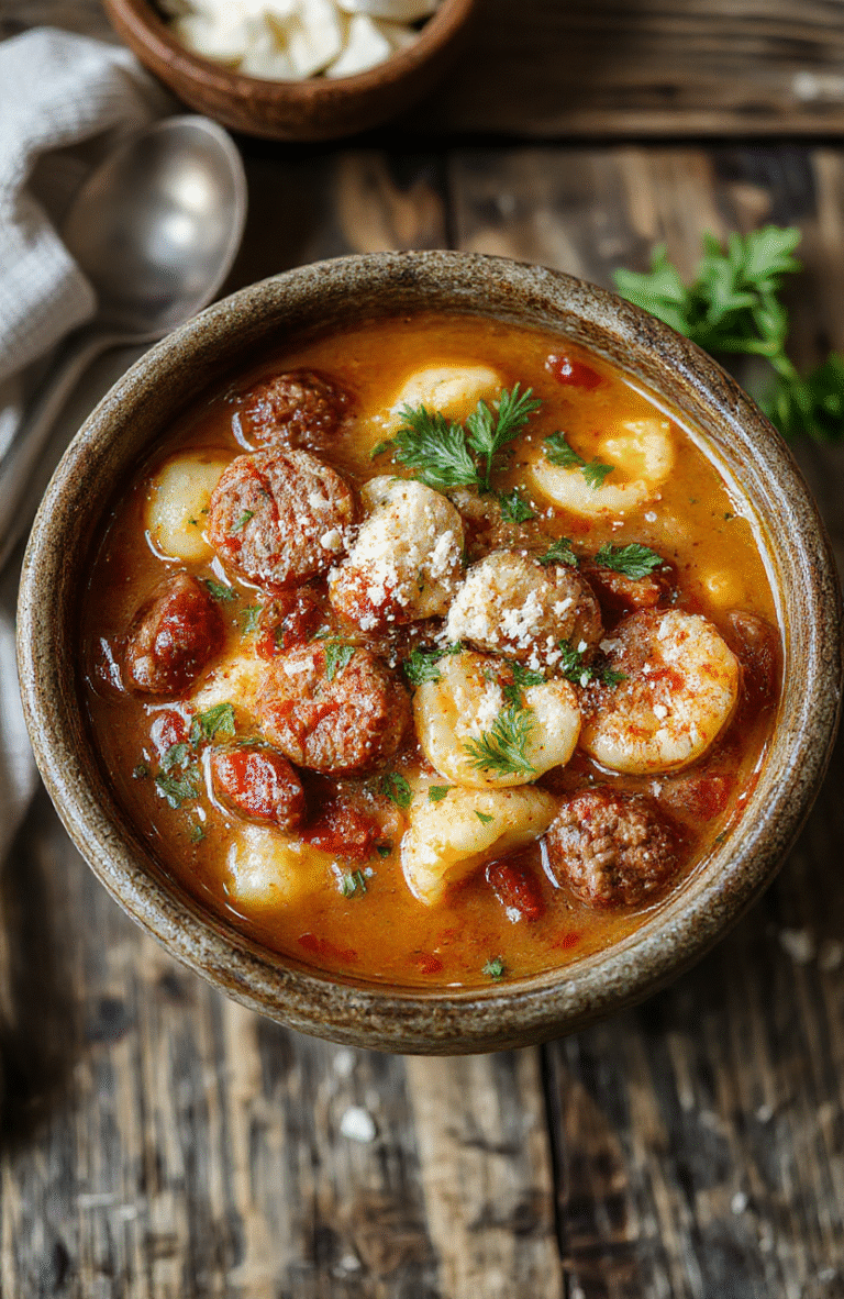 A vibrant bowl of Italian sausage tortellini soup featuring plump tortellini, slices of Italian sausage, fresh herbs, and grated cheese, garnished with parsley and served in a rustic white bowl on a wooden surface.