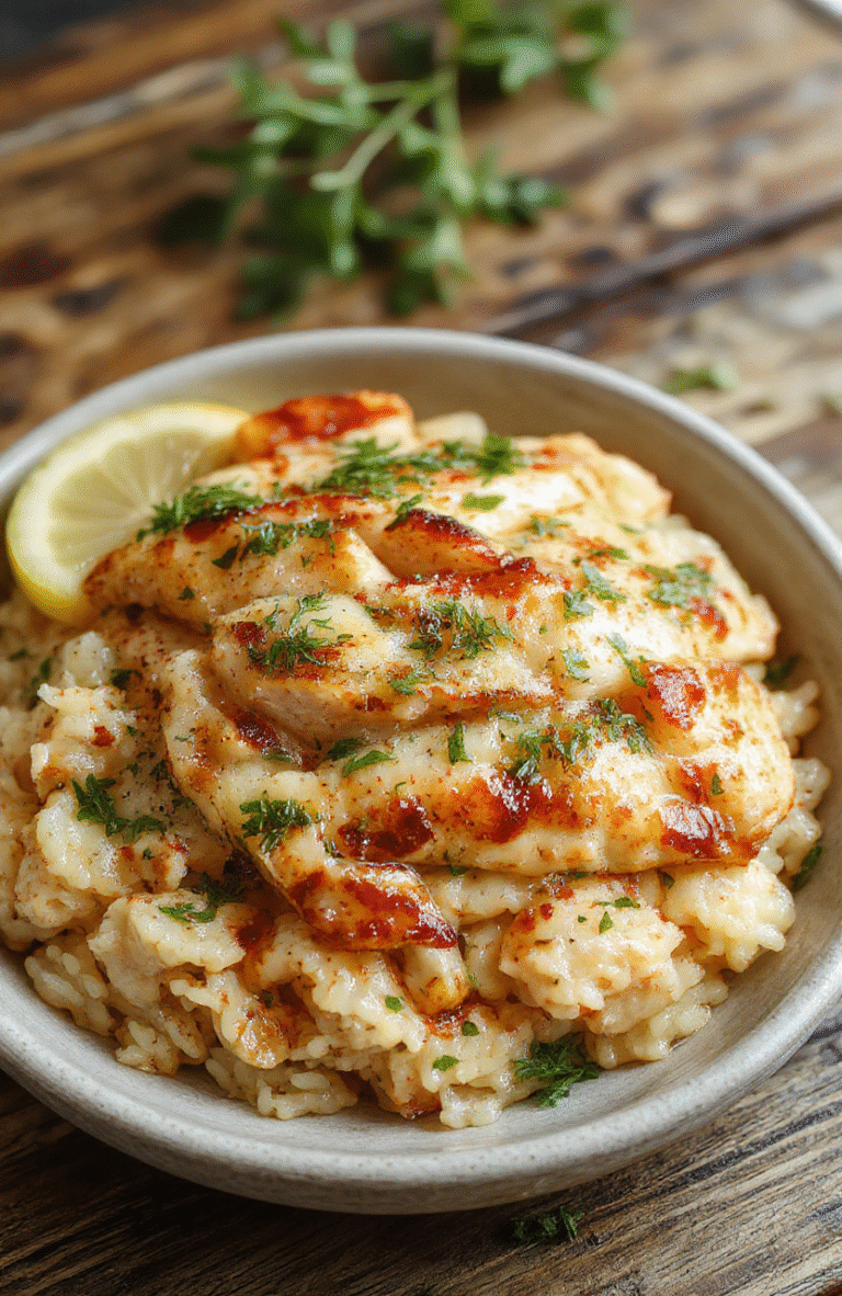 A vibrant bowl of shredded lemon herb chicken atop fluffy rice, garnished with fresh herbs and lemon slices, presented on a rustic wooden table with natural daylight highlighting the textures and colors.