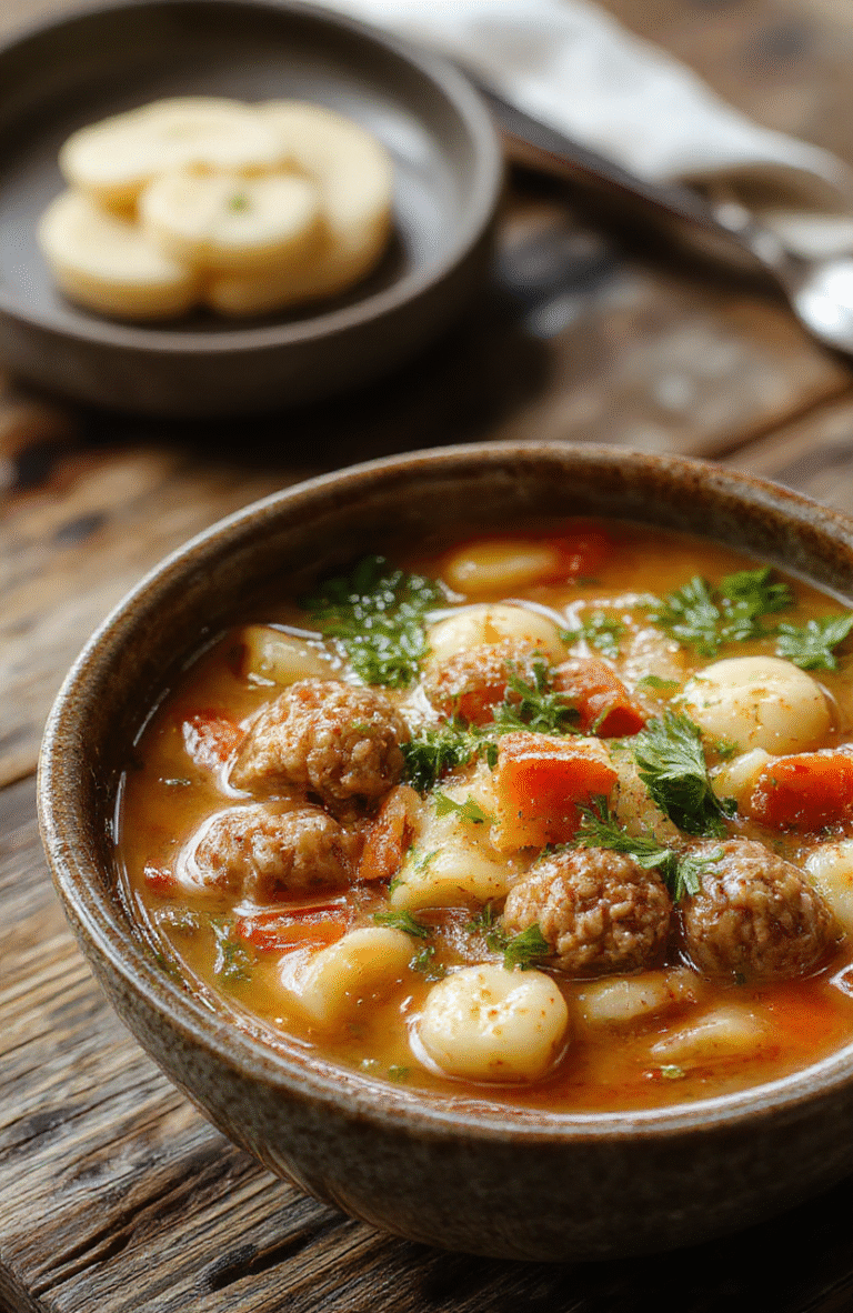 A bowl of hearty meatball tortellini soup featuring colorful vegetables, tender meatballs, and plump tortellini arranged in a rustic white dish with a bubbling broth, styled with a sprig of fresh herbs on a wooden table.