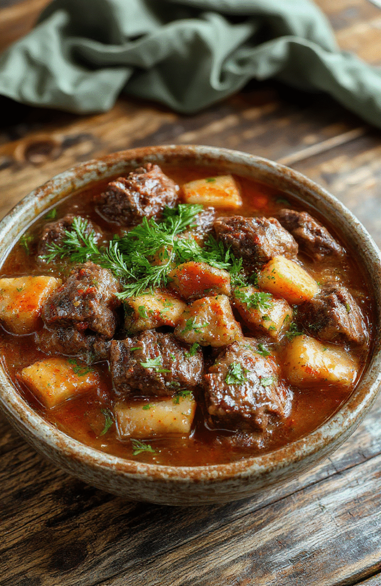 A rustic bowl of hearty beef stew with tender chunks of beef, carrots, potatoes, and celery in a rich, glossy brown gravy, garnished with fresh herbs, served on a wooden table with a cozy background and natural daylight highlighting the textures and colors.