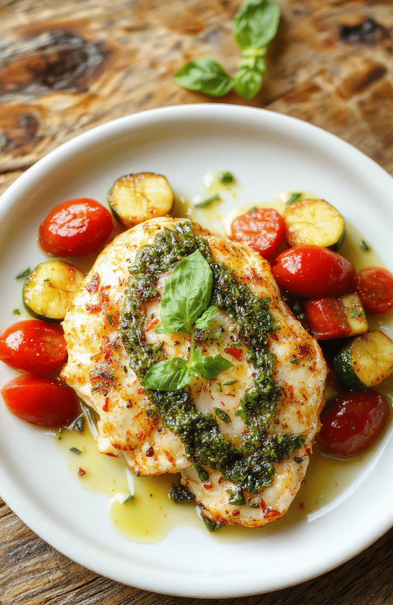 Colorful pesto chicken and vibrant vegetables arranged on a rustic white plate, topped with a swirl of fresh basil pesto, olive oil glistening, with a rustic wooden background highlighting the textures and colors of the dish.