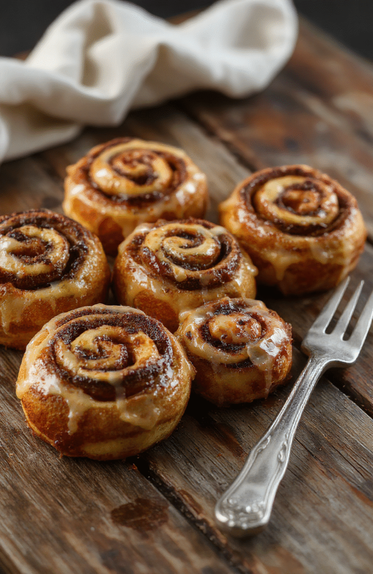 A close-up of freshly baked pumpkin cinnamon rolls with swirls of cinnamon and pumpkin filling, topped with a light drizzle of icing, arranged on a rustic wooden plate with a cozy fall backdrop of leaves and cinnamon sticks.