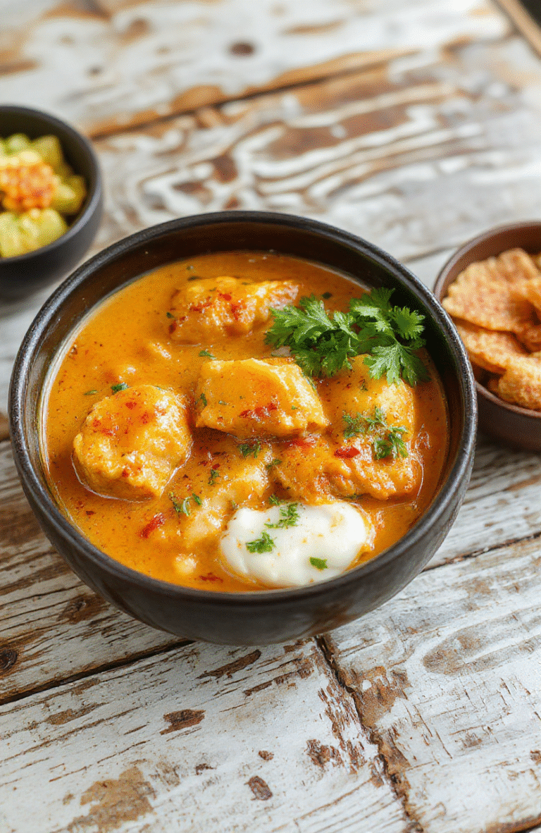 A vibrant bowl of creamy Indian Butter Chicken with rich tomato sauce and tender chicken pieces garnished with fresh cilantro, served on a rustic wooden table with a side of fluffy rice, styled casually with soft natural lighting highlighting the glossy sauce and appetizing textures.