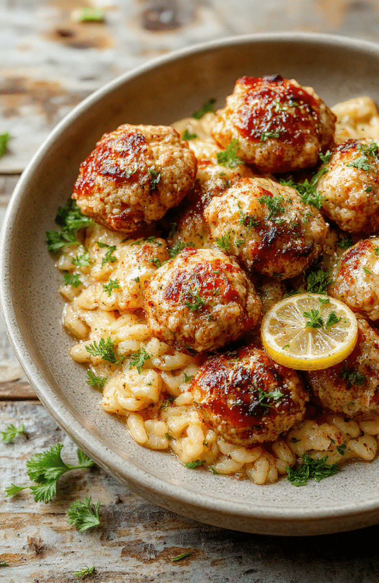 Colorful plate featuring golden-brown Greek chicken meatballs garnished with fresh herbs, served alongside vibrant lemon orzo with lemon zest and herbs, on a rustic wooden table with natural lighting highlighting textures and fresh ingredients.