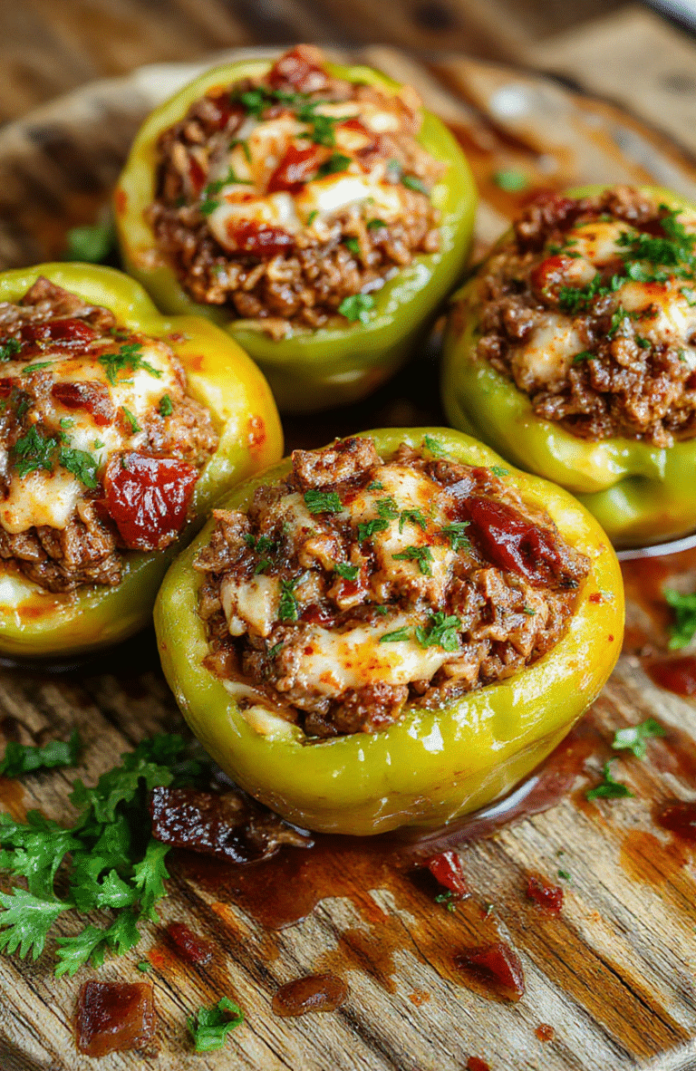 Colorful bell peppers filled with seasoned ground beef and fluffy rice, topped with melted cheese, arranged on a rustic wooden platter with fresh herbs and a side of vibrant vegetables, styled for an inviting dinner presentation.