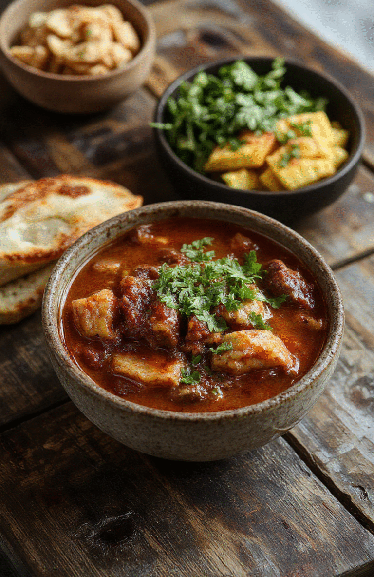 A vibrant bowl of Mexican birria stew filled with tender shredded beef immersed in rich, red broth, garnished with fresh cilantro, chopped onions, and lime wedges, served on a rustic wooden table with warm lighting emphasizing the hearty textures and inviting colors.