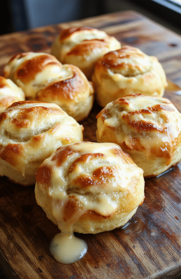 A plate of golden, fluffy breakfast rolls with a soft and airy texture, topped with a drizzle of icing and fresh berries, arranged on a rustic wooden table with natural light highlighting their tender crumb and inviting appearance.