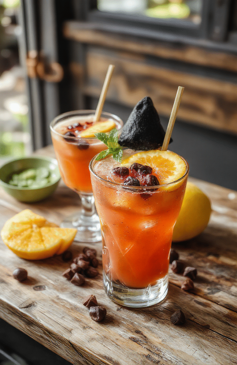 A vibrant, colorful cocktail glass filled with a clear bubbly drink topped with an assortment of fresh fruits like strawberries, oranges, and blueberries. The drink is garnished with a whimsical candy or edible glitter, set on a rustic wooden table with a blurred festive background, capturing the playful and fruity essence of the Drunk Witch Cocktail.