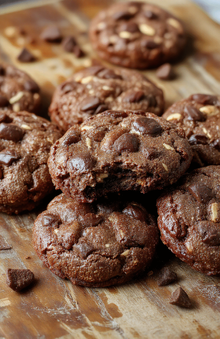 A close-up of a fudgy, chewy brookies bar with a glossy chocolate glaze, sliced to reveal gooey layers of brownie and cookie dough, decorated with sprinkled sea salt and chocolate chips, presented on a rustic wooden board with a blurred background of baking ingredients and a cozy kitchen setting.