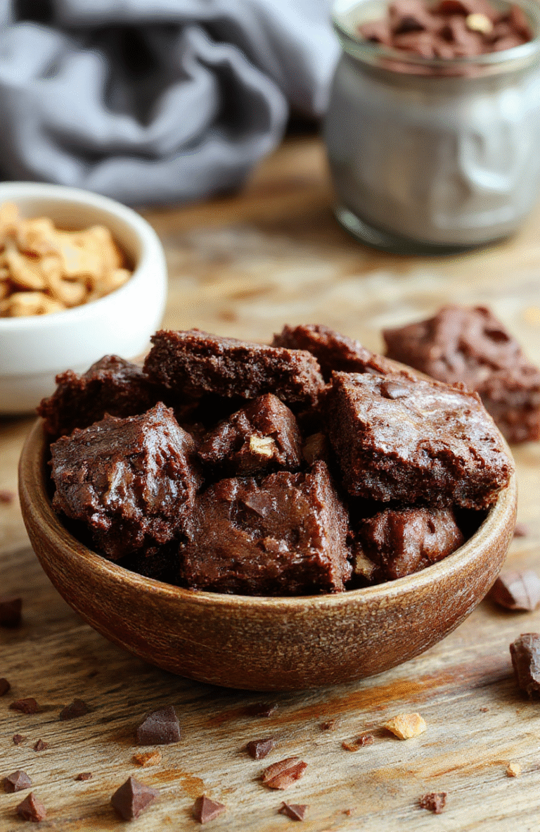Close-up of fudgy one bowl brownies on a rustic wooden surface, topped with a sprinkle of sea salt, showcasing glossy, dense texture with a slightly cracked surface, with a fork and a glass of milk beside them, styled simply with natural lighting.