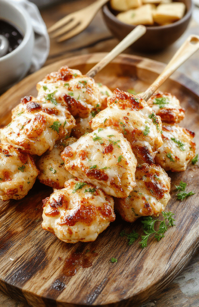 A close-up of golden-brown chicken skewers coated with parmesan cheese and fresh herbs, resting on a rustic wooden platter with a sprinkle of chopped garlic and parsley, vibrant red cherry tomatoes and green leafy garnish around, styled casually for an inviting presentation