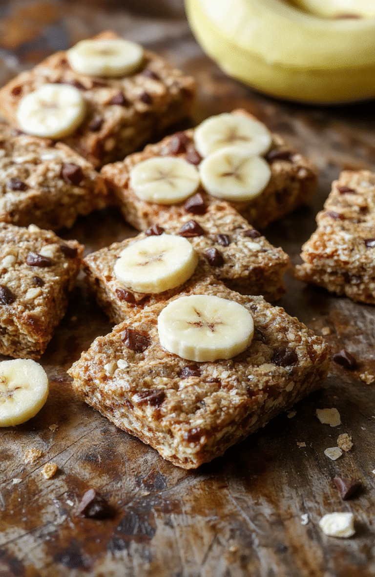 Colorful banana oatmeal bars arranged on a rustic wooden tray, featuring golden-brown tops, visible banana slices, and oat textures, styled with fresh banana slices and a sprig of mint for a vibrant look.