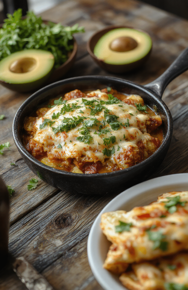 Colorful enchilada skillet with layers of seasoned chicken, melted cheese, and vibrant red sauce, garnished with fresh cilantro and sliced jalapenos, plated in a black cast iron skillet with a rustic wooden background.