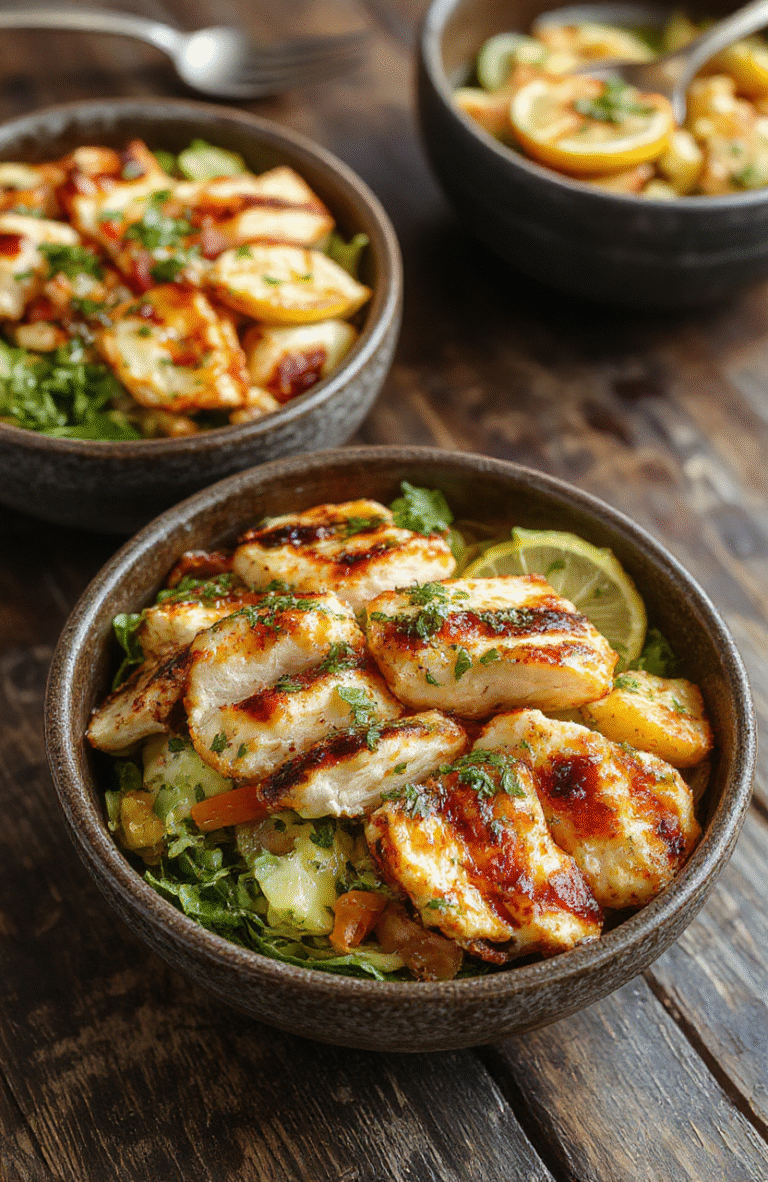 Colorful Greek chicken bowls arranged on a rustic wooden table, featuring grilled chicken, fresh tomatoes, cucumbers, olives, feta cheese, and vibrant herbs, with a side of rice and lemon wedges, styled casually with natural lighting and soft shadows.