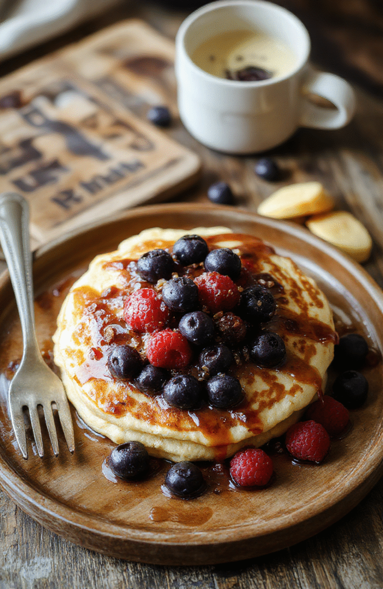 Colorful array of six healthy pancakes stacked neatly on a rustic plate, topped with fresh berries, slices of banana, and a drizzle of honey. The pancakes are golden brown with a fluffy texture, complemented by a vibrant background of natural light, green leaves, and a cozy kitchen setting, showcasing an inviting and wholesome breakfast scene.