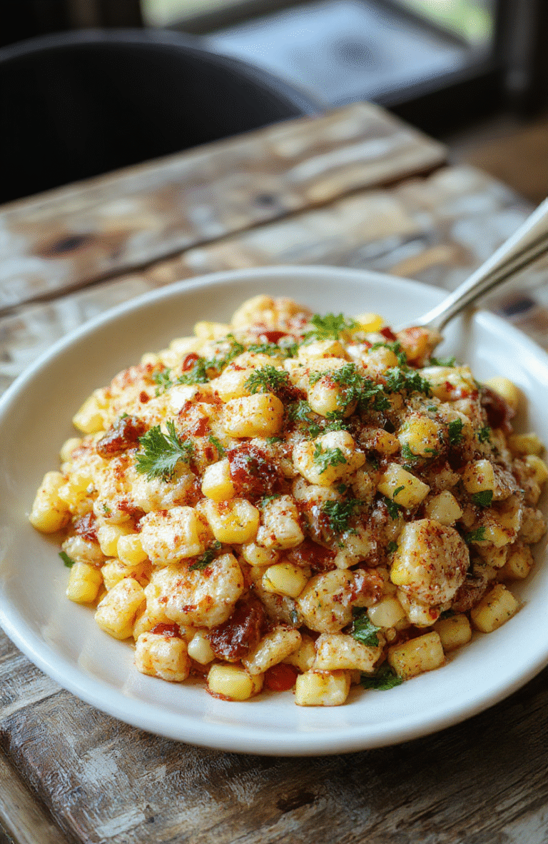 A vibrant bowl of street corn pasta salad featuring colorful corn kernels, fresh herbs, and creamy dressing, with a rustic wooden background, styled casually with a focus on textures and bright summer colors.