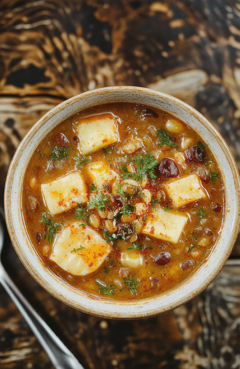 A steaming bowl of hearty lentil and potato soup topped with fresh herbs, served in a rustic white bowl on a wooden table, with visible chunks of potatoes and lentils, creating a warm, comforting atmosphere with natural daylight highlighting the textured ingredients.