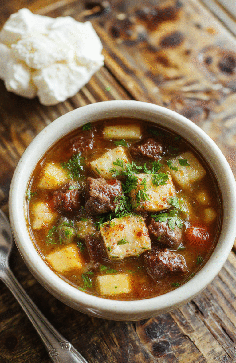 A vibrant bowl of hearty vegetable beef soup featuring tender beef chunks, colorful vegetables, and rich broth, garnished with fresh herbs and served on a rustic wooden table