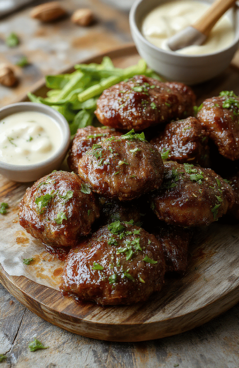 A close-up of golden-brown beef bites glazed with garlic butter, served on a white plate with fresh herbs and sides, vibrant colors, textured meat, styled casually with soft natural lighting.