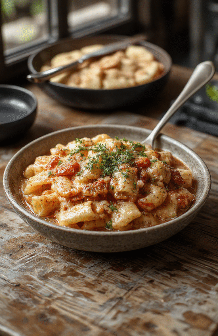 A vibrant bowl of Pasta Fagioli soup featuring creamy beans, al dente pasta, and chopped herbs, served in a rustic white bowl on a wooden surface, with a spoon and fresh ingredients like garlic and tomatoes nearby, showcasing textures and colors appealingly.