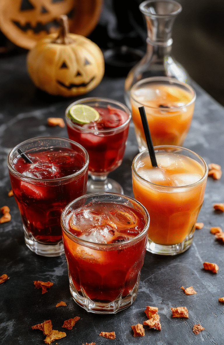 A colorful Halloween-themed drinks display featuring six spooky-looking beverages in clear glasses with fun, eerie garnishes like gummy worms, spooky straw decorations, and vibrant orange, green, and purple liquids on a dark surface with festive Halloween decorations in the background.