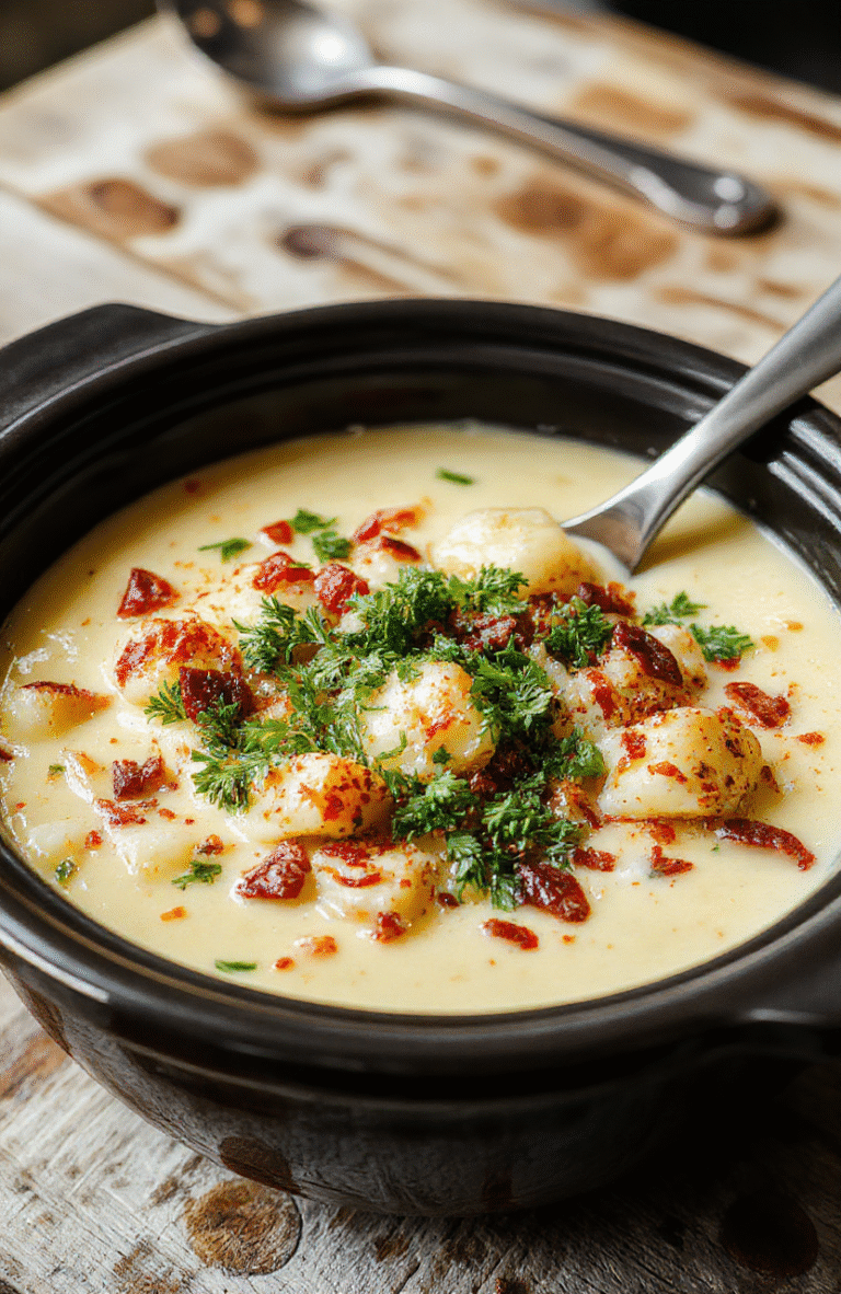 A bowl of creamy loaded crockpot potato soup topped with shredded cheese, crispy bacon bits, sliced green onions, and a dollop of sour cream, served with a rustic wooden spoon on a cozy kitchen side table, vibrant colors, textures of melted cheese, fluffy mashed potatoes, and fresh herbs.