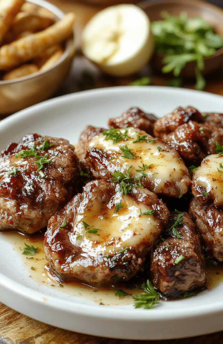 A close-up shot of juicy, golden-brown garlic butter steak bites arranged on a rustic white plate, garnished with fresh parsley, with a soft-focus background of a wooden table and surrounding ingredients like garlic cloves and fresh herbs, showcasing tender texture and savory appeal.