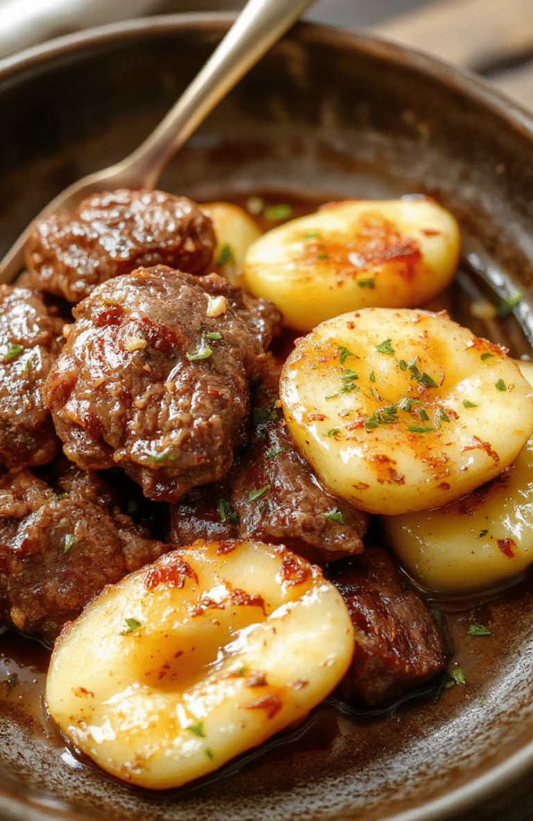 A rustic white plate with tender garlic butter beef bites surrounded by roasted potatoes, garnished with fresh herbs, styled on a wooden table with a soft natural light highlighting the juicy meat and crispy potatoes.
