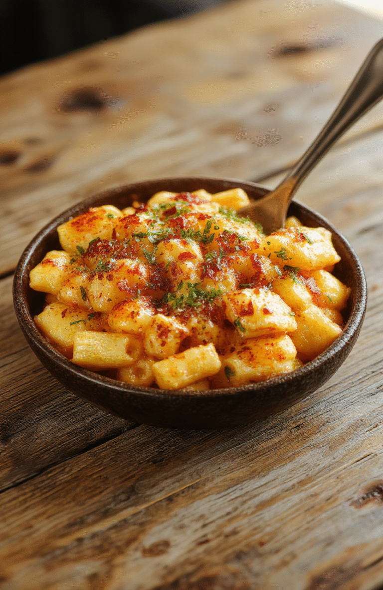 A vibrant Halloween-themed plate featuring a large serving of creamy monster mac and cheese. The dish is decorated with green and orange food coloring, shaped into monster faces with edible eyes, surrounded by Halloween decorations like little pumpkins and spooky cake toppers. The textures are cheesy, gooey, and inviting, with colorful sprinkles and themed garnishes adding playful touches.
