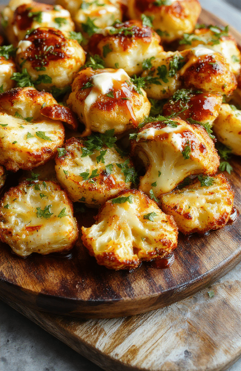 Colorful roasted cauliflower florets topped with a glossy tahini-honey drizzle on a rustic wooden platter, garnished with fresh herbs, capturing textures of crispy edges and smooth sauce, styled simply to highlight the vibrant dish.