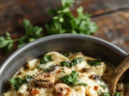 A close-up shot of a colorful skillet filled with creamy Parmesan spinach mushroom pasta, topped with grated cheese and fresh herbs, showcasing the rich sauce, tender pasta, vibrant greens, and sliced mushrooms, styled casually with a rustic background.