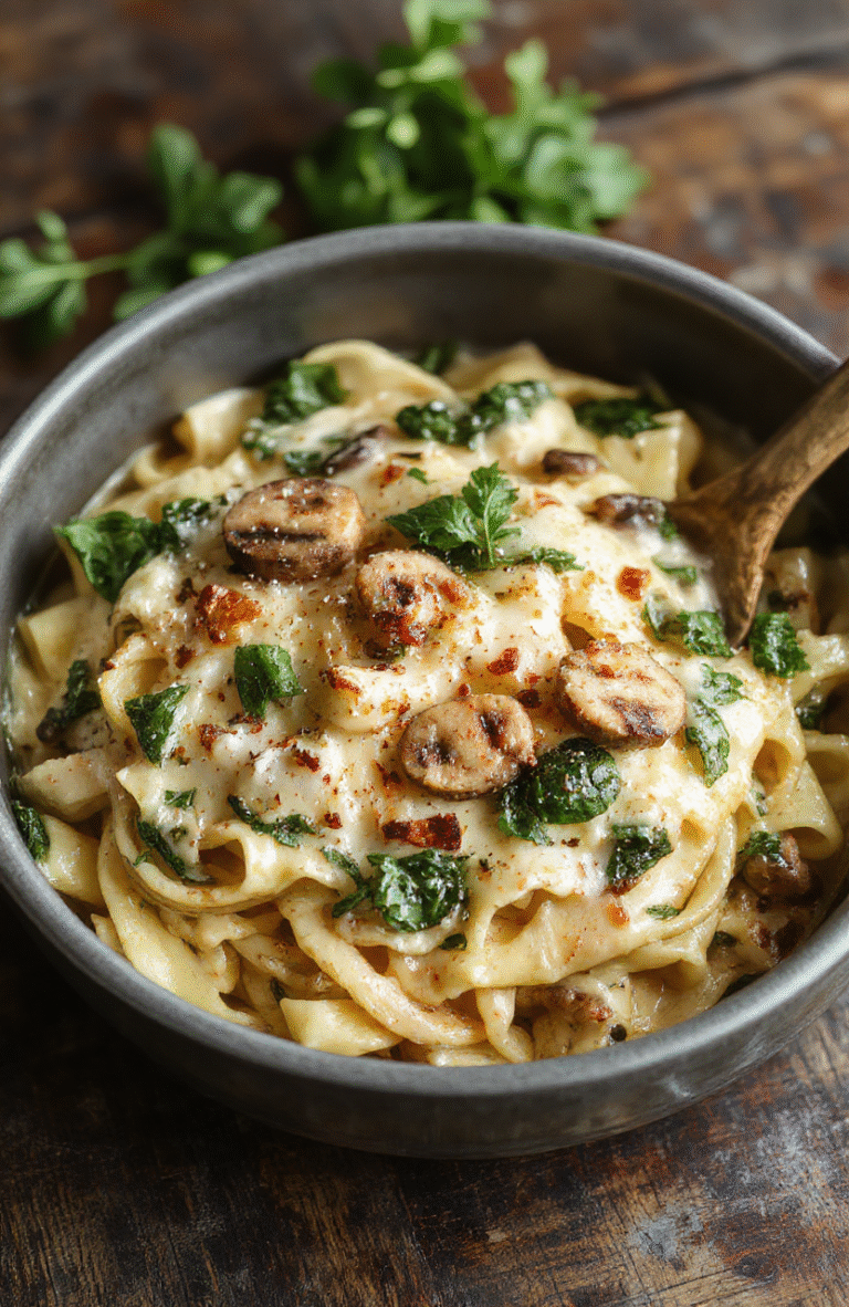 A close-up shot of a colorful skillet filled with creamy Parmesan spinach mushroom pasta, topped with grated cheese and fresh herbs, showcasing the rich sauce, tender pasta, vibrant greens, and sliced mushrooms, styled casually with a rustic background.
