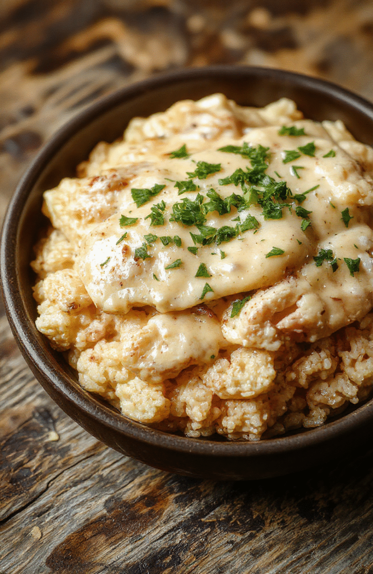 A close-up of a creamy chicken and rice dish in a rustic ceramic bowl, topped with fresh herbs and surrounded by vegetables, with a spoon resting on the side, emphasizing the creamy texture and vibrant colors of the ingredients, styled casually on a wooden surface.