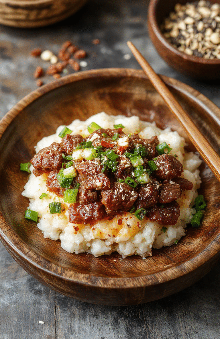 A vibrant Korean ground beef bowl featuring tender cooked beef on white rice, garnished with green onions, sesame seeds, and bright red chili flakes, arranged on a rustic wooden plate with fresh side vegetables, textured surfaces, and colorful spices.