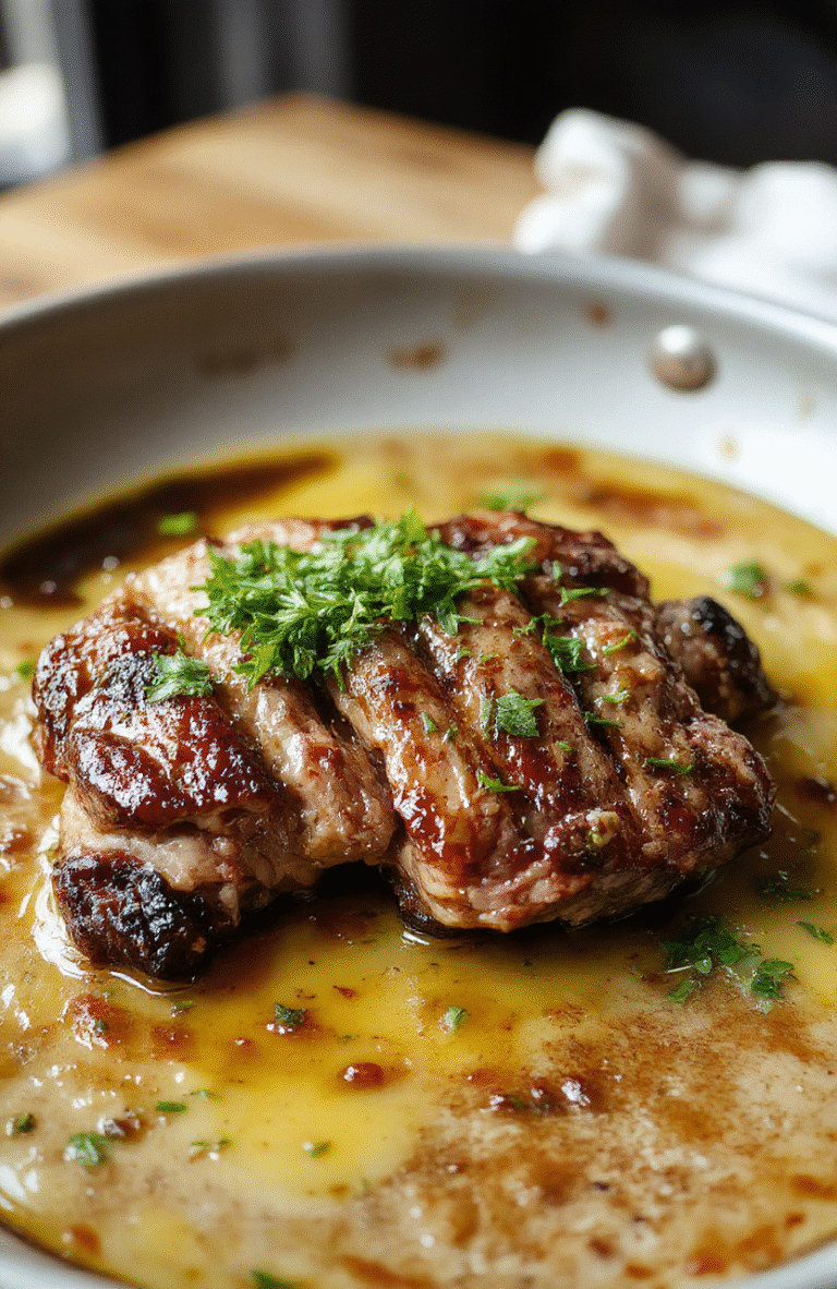 A perfectly seared steak with a golden-brown crust rests on a rustic wooden board, drizzled with glossy butter sauce, garnished with sprigs of fresh herbs, with a side of sliced vegetables, styled in natural light emphasizing the juicy texture and rich color.