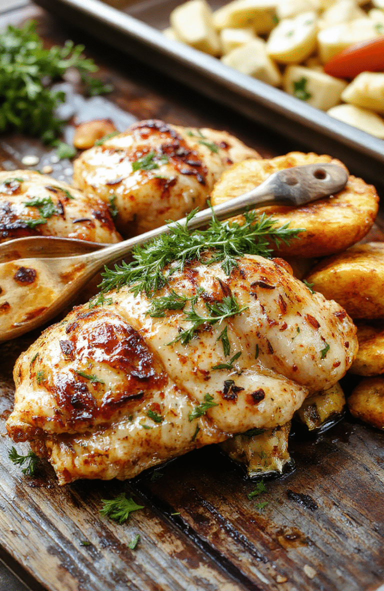 Colorful Greek sheet pan chicken dish featuring golden roasted chicken pieces, vibrant red and green bell peppers, tomatoes, and Kalamata olives on a rustic white plate, with herbs sprinkled on top, styled simply on a wooden table with natural light highlighting textures and colors.