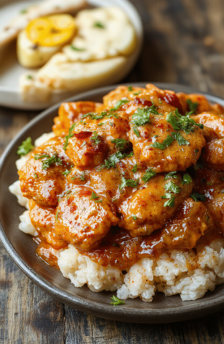 A vibrant plate of homemade butter chicken with rich, creamy sauce, garnished with fresh herbs, served with fluffy rice and naan bread, styled on a rustic wooden table with bright natural light highlighting the textures and colors.