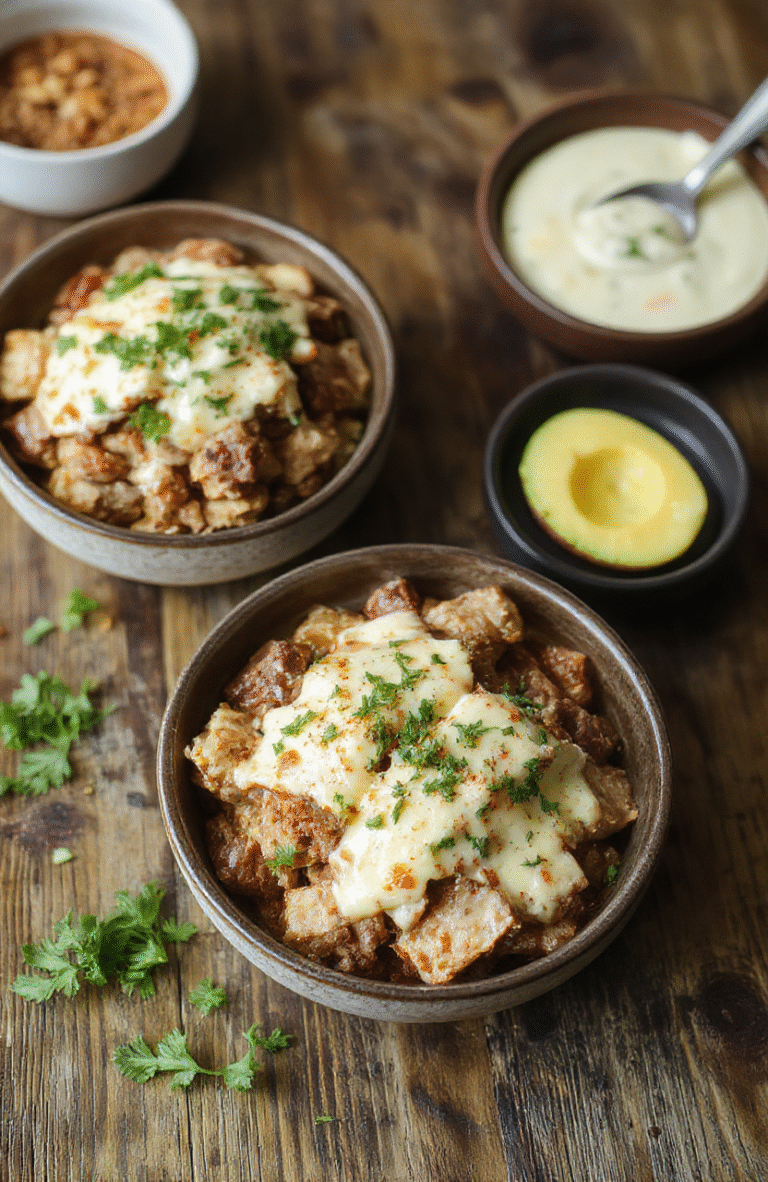 Colorful low-carb Philly cheesesteak bowls featuring tender sliced beef, melted cheese, sautéed peppers and onions, all arranged neatly in a bowl, with fresh herbs and a side of crispy toppings, styled in a modern kitchen setting with vibrant lighting.