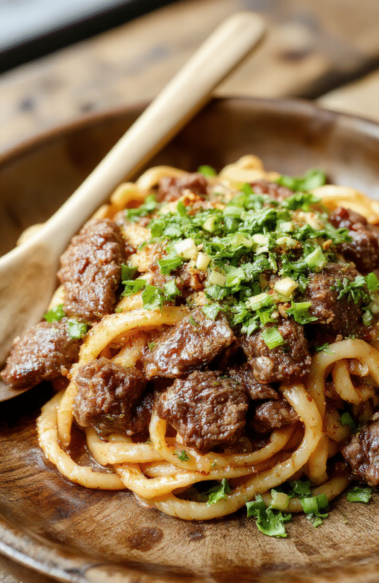 A vibrant plate of Mongolian ground beef noodles featuring savory beef crumbles atop glossy, stir-fried noodles with green onions and sesame seeds, styled on a rustic wooden plate with a side of fresh vegetables, captured in natural daylight showcasing the textures and rich colors.