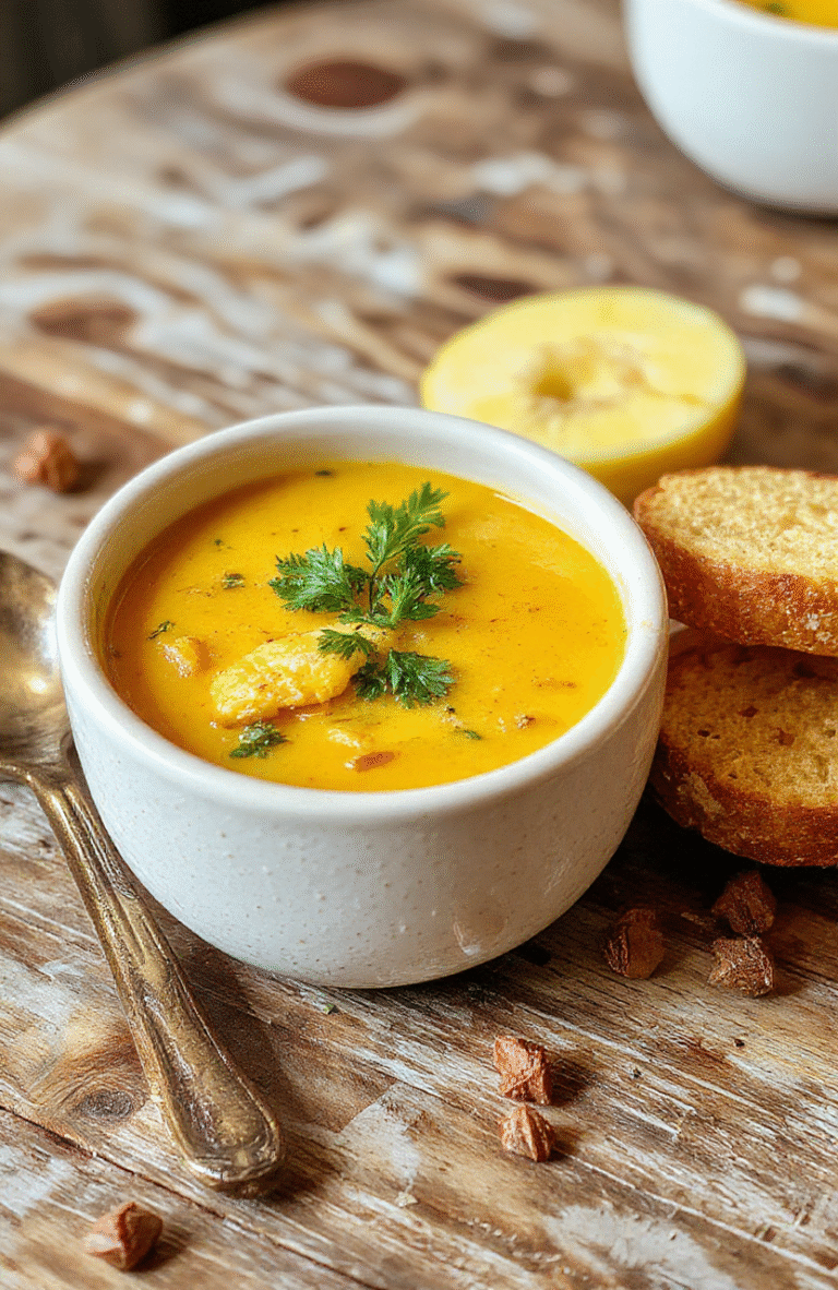 A warm bowl of golden turmeric chicken soup garnished with fresh herbs, vegetables, and tender chicken pieces, served on a rustic wooden table with a cozy background