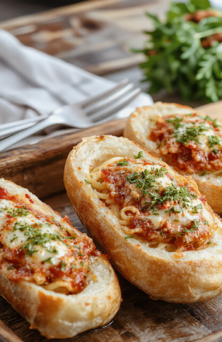 Colorful garlic bread bowls filled with rich spaghetti, topped with melted cheese, fresh herbs, and golden crispy edges, styled on a rustic wooden table