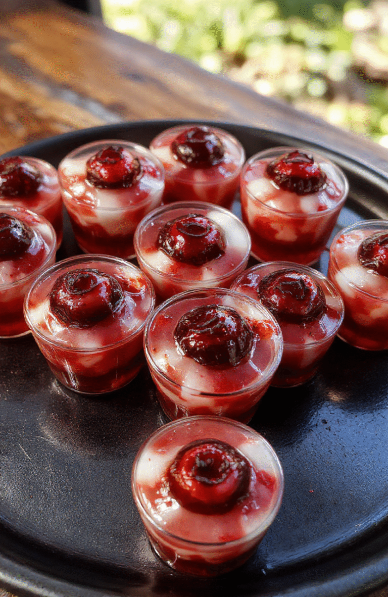 Colorful spooky eyeball gelatin shots arranged on a dark platter, with vibrant red and white marbled eyeballs, glossy textures, and eerie themed decorations for Halloween.