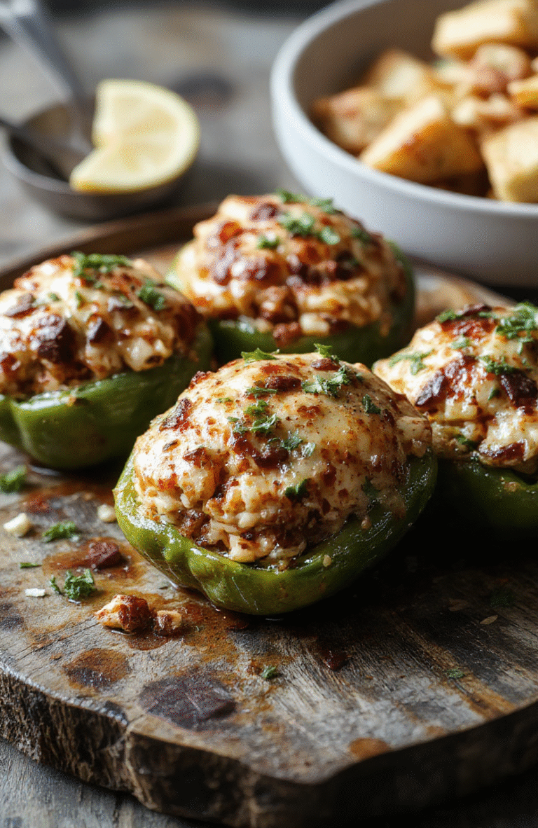 Colorful baked peppers filled with shredded chicken and rice, topped with melted cheese and garnished with fresh herbs, arranged on a rustic wooden platter, vibrant and appetizing.