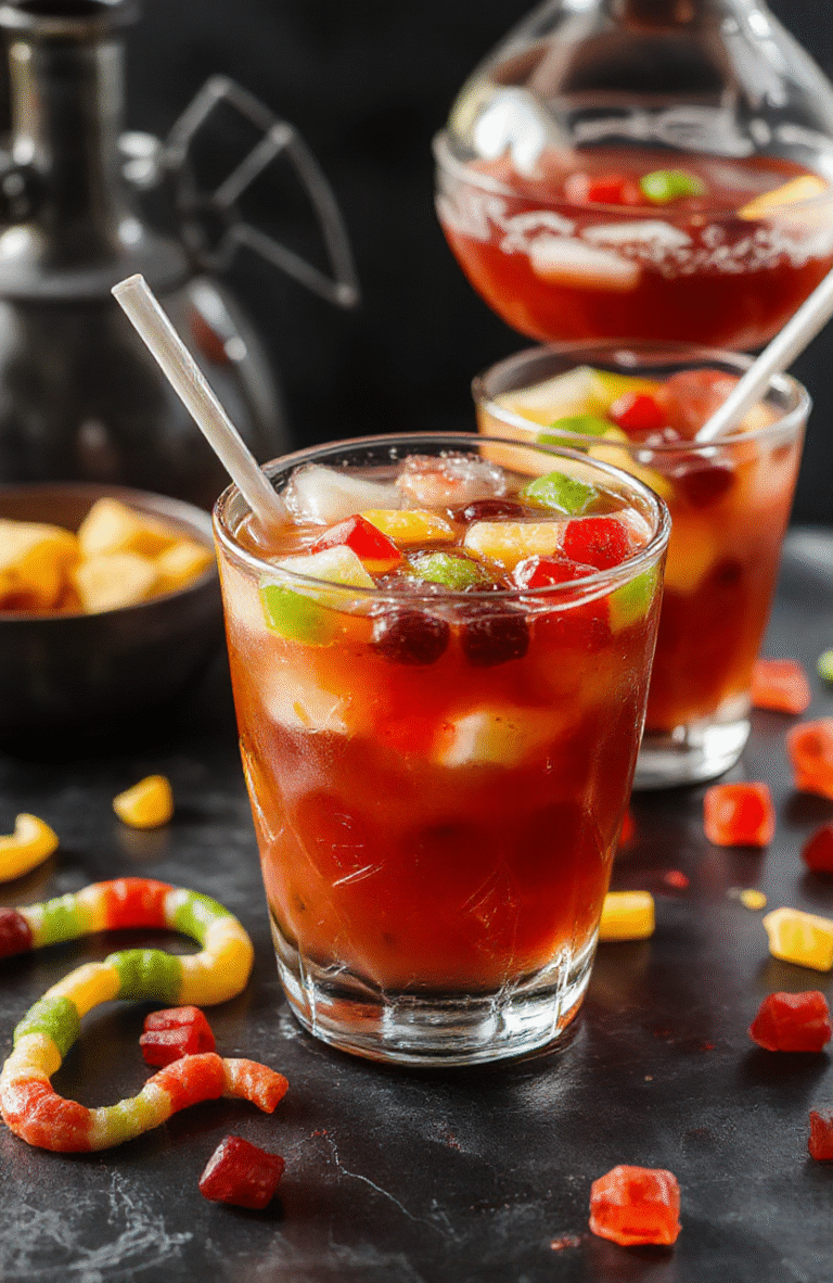 A vibrant Halloween punch in a glass pitcher with floating ice cubes, gummy worms, and colorful fruit slices, surrounded by spooky decorations and eerie lighting, styled elegantly with a cauldron and Halloween themed backdrop.