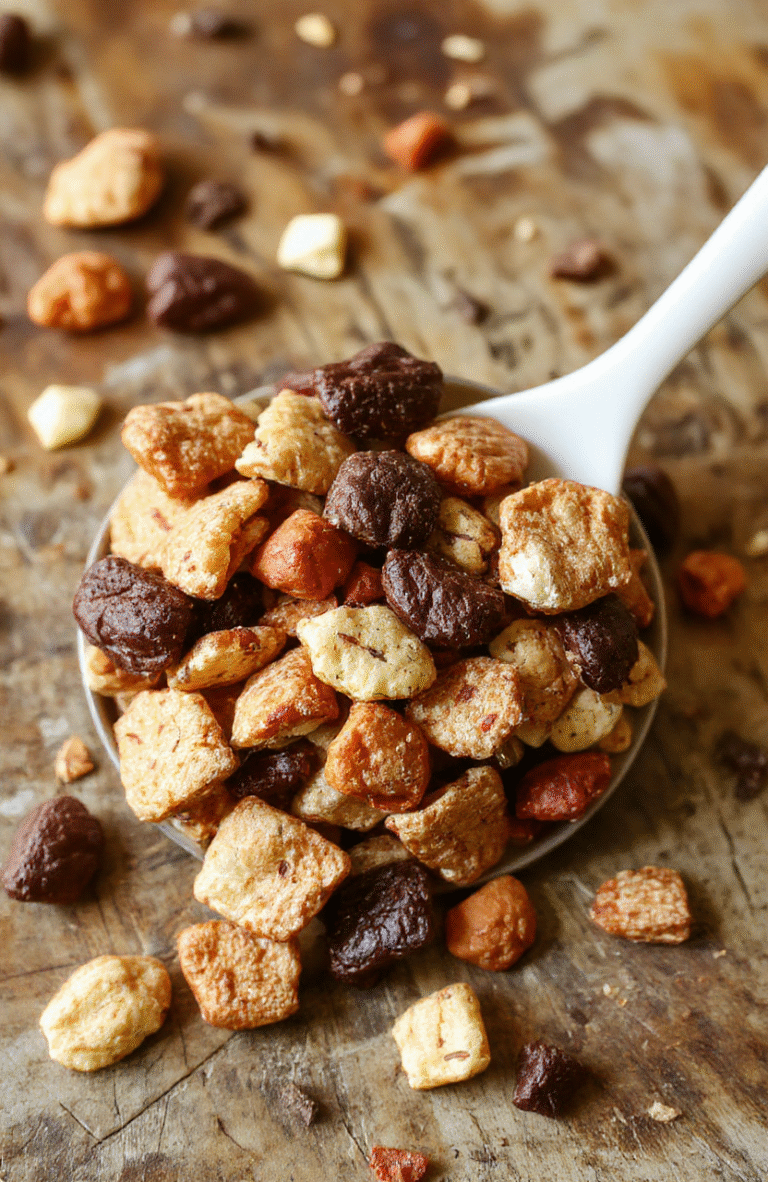 A vibrant Halloween-themed trail mix in a clear bowl, featuring red dried cranberries, dark chocolate chips, green pumpkin seeds, and colorful candy eyeballs, arranged on a rustic wooden surface with autumn leaves in the background, styled for a festive and spooky look.