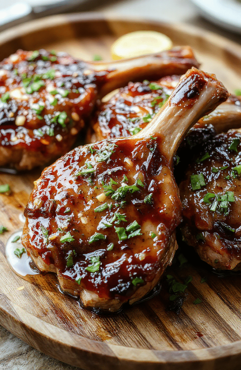 A close-up of golden-brown boneless pork chops glazed with sticky honey garlic sauce, garnished with fresh herbs on a rustic wooden platter with a side of steamed vegetables, styled simply for an appetizing look.