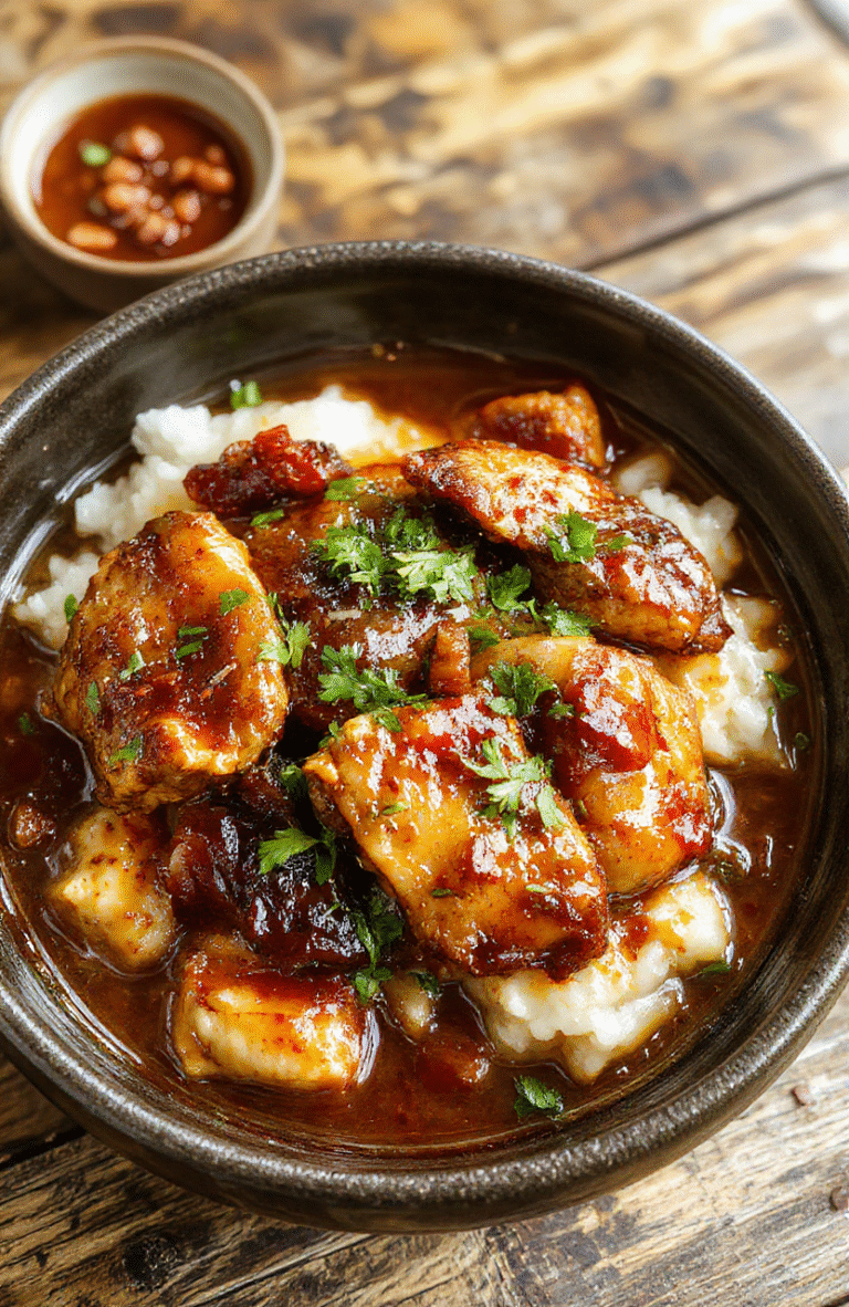 A vibrant bowl of caramelised soy chicken glazed with a glossy sauce, garnished with fresh green herbs, served on a bed of fluffy rice in an elegant white bowl, with a side of sliced garlic and ginger, capturing textures of the crispy chicken skin and tender rice, styled on a rustic wooden table with warm lighting.