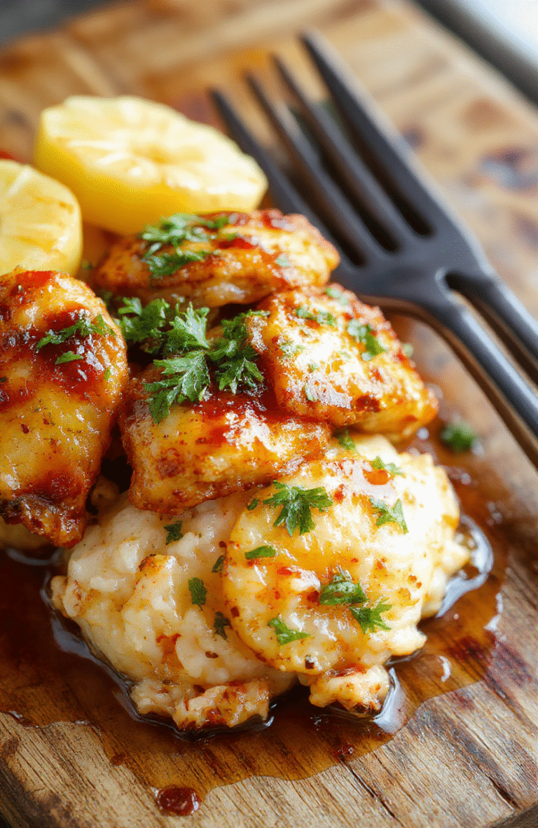 A vibrant plate featuring tender pieces of glazed pineapple chicken atop fluffy rice, garnished with green herbs and colorful vegetables, beautifully plated with a glossy sauce highlighting the juicy pineapple chunks and crispy chicken, styled with a modern and inviting presentation.
